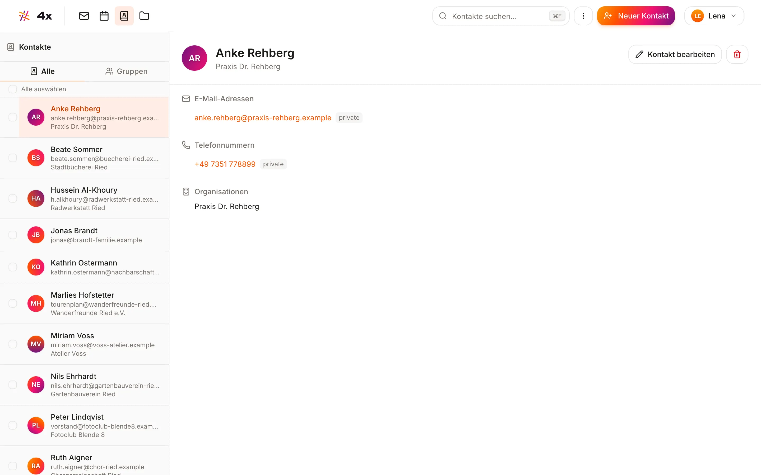 Die Kontaktansicht der 4x-App mit Adressbuch