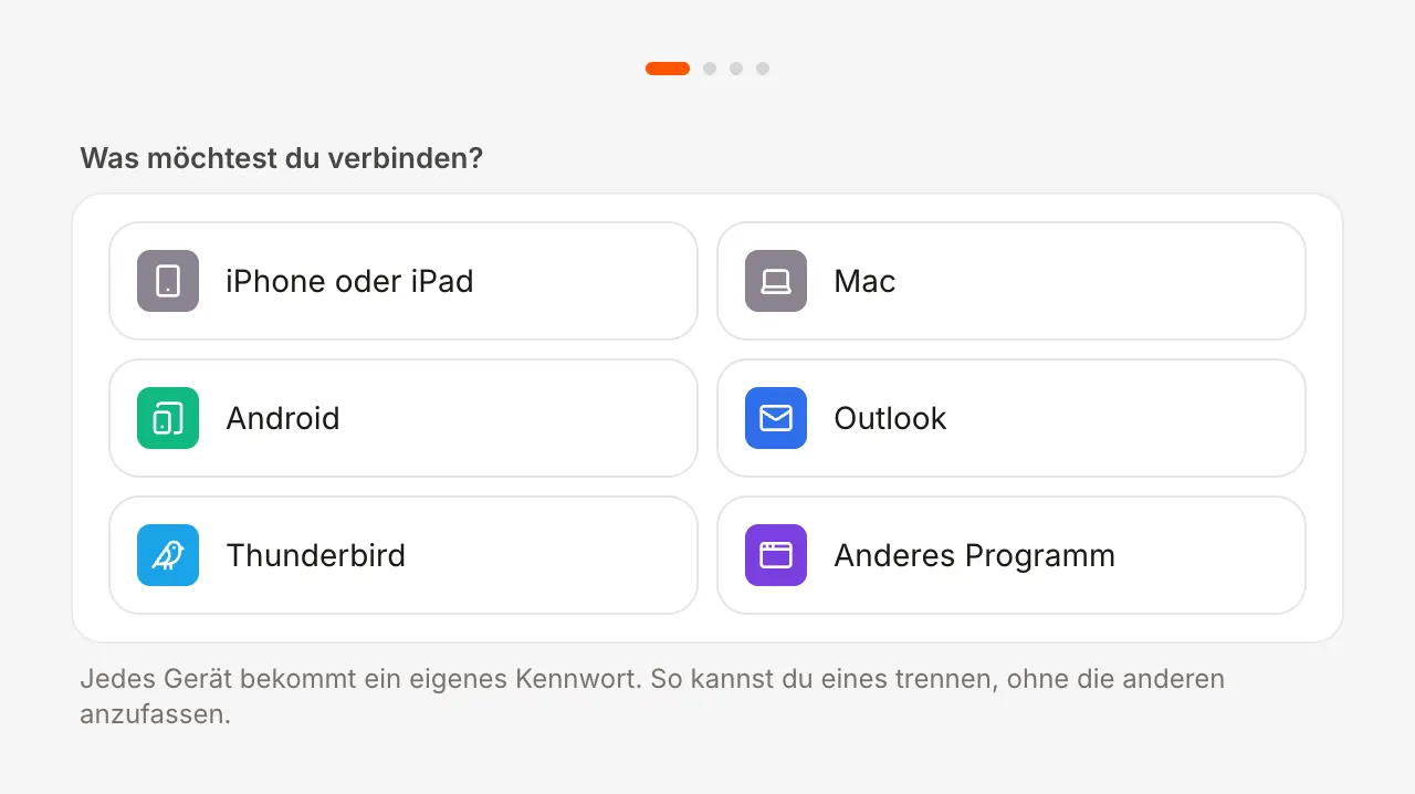 Assistent „Was möchtest du verbinden?“ mit Kacheln für iPhone oder iPad, Mac, Android, Outlook, Thunderbird und Anderes Programm