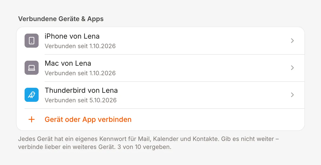 Liste „Verbundene Geräte & Apps“ mit iPhone, Mac und Thunderbird, darunter „Gerät oder App verbinden“